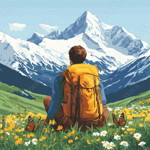 Backpacker admiring butterflies in a colorful alpine meadow with snow-covered mountains in the background , vector style simple color