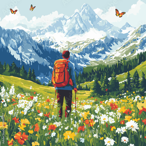 Backpacker admiring butterflies in a colorful alpine meadow with snow-covered mountains in the background , vector style simple color