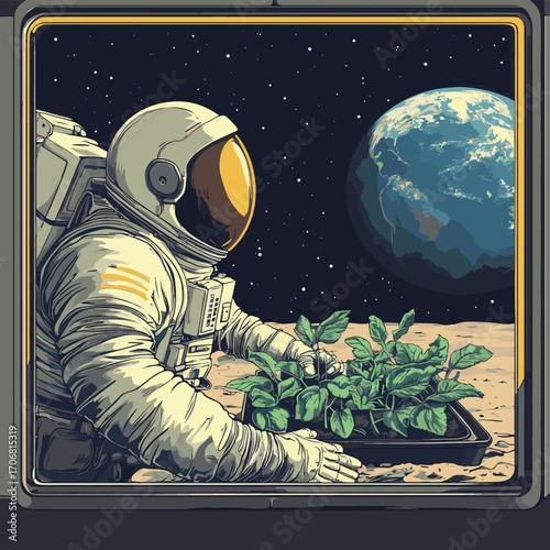 Astronauts farming in space greenhouse with Earth visible from lunar base window , vector style simple color
