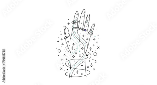 An enchanting hand glows with magical energy surrounded by swirling stars and cosmic dust.