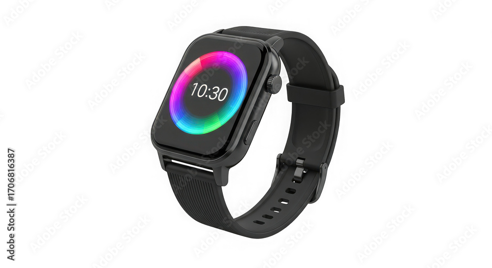 Obraz premium Modern smartwatch with vibrant rainbow digital display and black band isolated on black for tech and gadget enthusiasts transparent background
