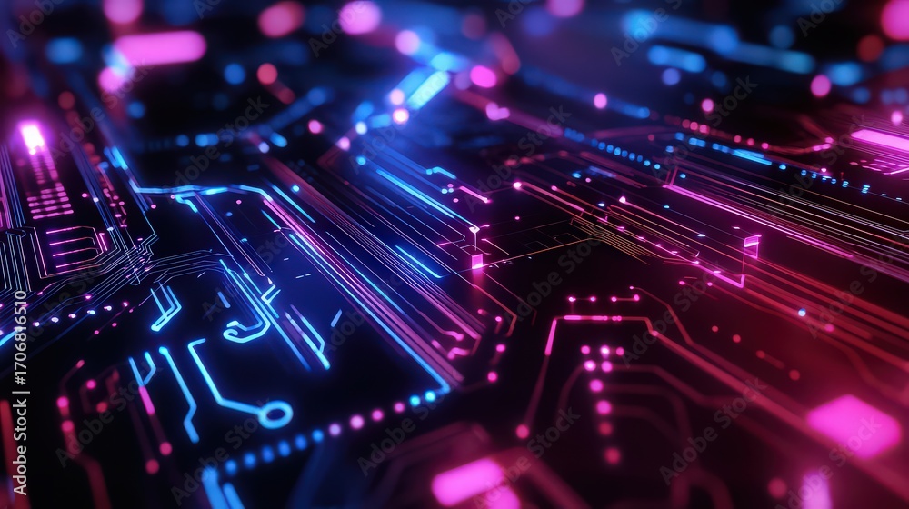 Fototapeta premium Abstract technology background with glowing circuit board, futuristic server, computer motherboard, microchip artificial intelligence, hardware concept