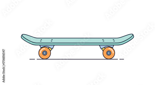 A simple flat illustration of a light teal skateboard with orange wheels resting on a thin grey line.
