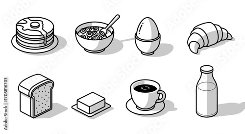 A set of eight black and white breakfast icons with thin outlines, showing pancakes, cereal, coffee, milk, bread, and egg in isometric projection