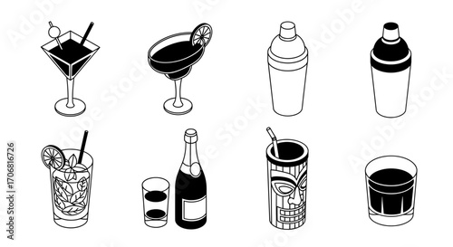 Set of eight sophisticated black and white isometric icons representing bar tools and drinks for celebrations, gatherings, and mixology