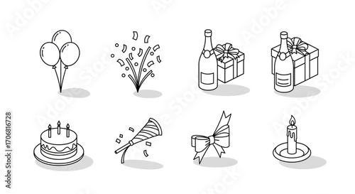 Celebration Icons Balloons, Confetti, Champagne, Cake, Horn, Bow, and Candle in Black and White