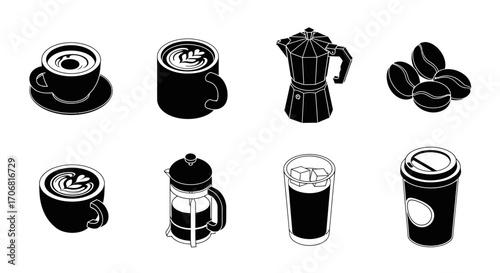 Eight black and white isometric coffee icons hot and cold drinks, brewing equipment, and beans, uniformly designed