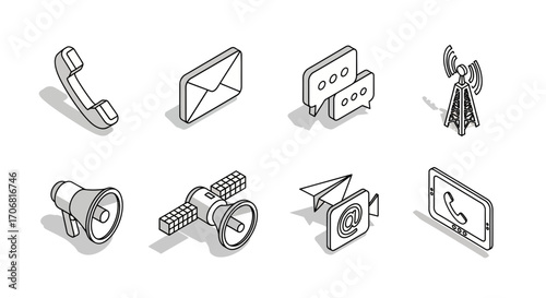 Isometric Communication Icons Phone, Email, Messaging, Satellite, and More
