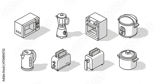 Collection of isometric line art icons representing various kitchen appliances, rendered in monochrome for a clean design aesthetic