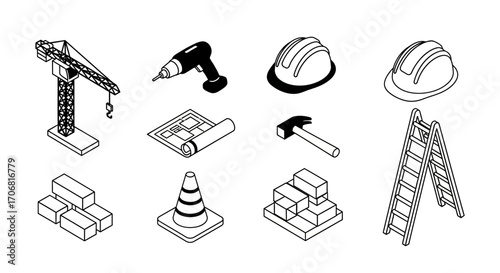Construction Icons Vector Illustrations of Tools and Equipment for Building and Engineering Projects