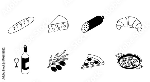 Variety of Delicious Cuisine Icons Bread, Cheese, Salami, Croissant, Wine, Olives, Pizza, and More
