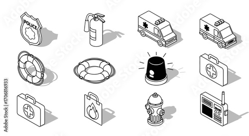 A collection of isometric black-and-white outline icons for emergency, safety, and public service, with balanced spacing on a clean white background