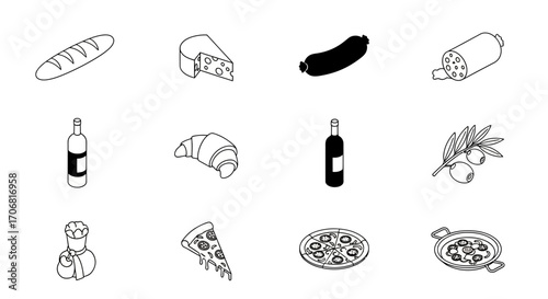 A set of twelve black and white line art icons depicting various food and beverage items including bread, cheese, wine, pizza, and olives, uniformly scaled on a clean white background