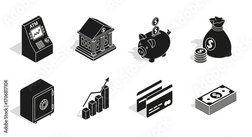 A set of eight black and white finance icons coin stack, piggy bank, ATM, wallet, bar chart, dollar bag, credit card, machine, vault