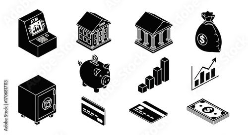 Collection of Black and White Financial Icons Featuring Savings, Investments, and Transactions for Digital Use