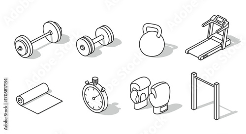 Isometric Fitness Equipment Icons Dumbbells, Kettlebell, Treadmill, Mat, Stopwatch, Boxing Gloves, Pull-up Bar