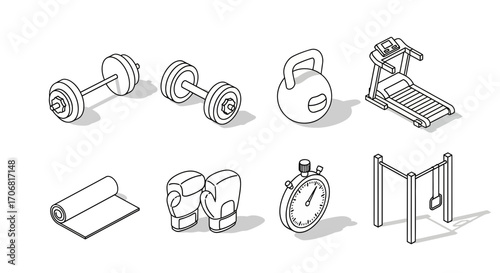 Collection of gym equipment and fitness icons rendered in a clean, minimalist line art style for a healthy lifestyle