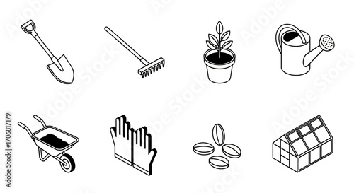 Gardening Tools Set Monochrome Line Art Icons of Shovel, Rake, Plants, Watering Can, Wheelbarrow, Gloves, Seeds, and Greenhouse