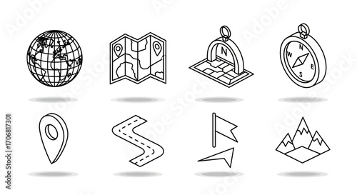 Eight black and white isometric line vector icons for navigation, travel, and mapping, including globe, map, and compass