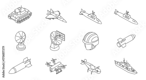 Military Equipment Isometric Icons Tank, Fighter Jet, Submarine, Missile, Drone, Satellite