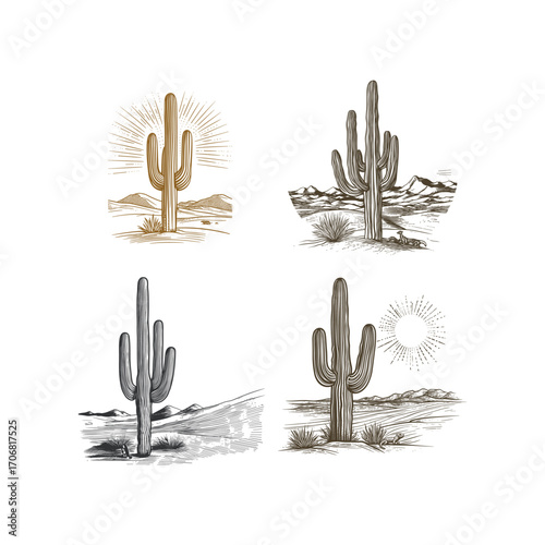 Collection of four vintage engraving style illustrations featuring Saguaro cacti set against arid desert landscapes
