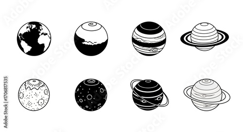 A Set of Eight Black and White Planet Icons for Astronomy, Space, and Celestial Body Concepts