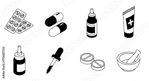 Black and white isometric vector icons of pharmaceutical and medical items. Pills, bottles, droppers with sharp outlines