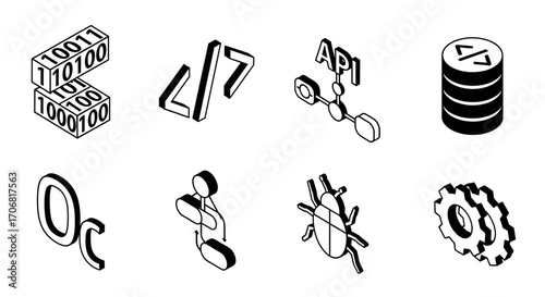 Clean isometric outline vector icons for software development and IT binary, code, API, database, cloud, user, bug, settings