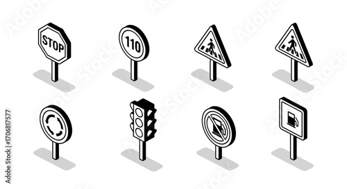 Isometric Black and White Road Sign Icons Stop, Speed Limit, Pedestrian, Traffic Light