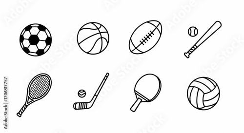 Vector illustration of assorted sports equipment in outline style, representing various athletic activities and games for healthy living and recreation