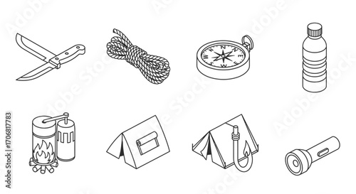 A collection of essential monochrome outline icons representing various camping and outdoor adventure gear, perfect for wilderness exploration designs