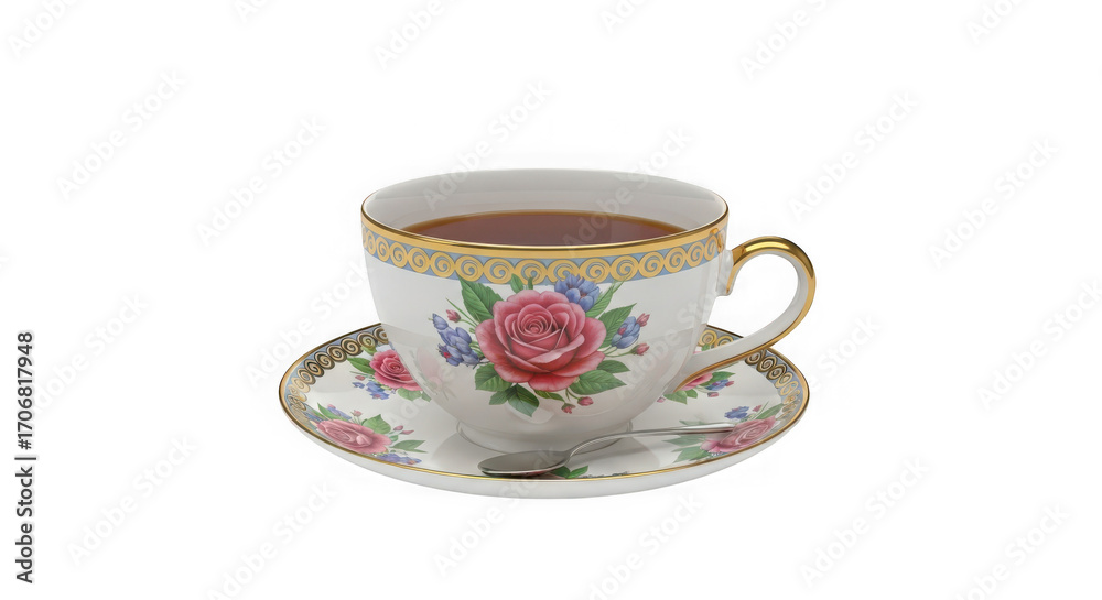 Fototapeta premium Elegant vintage tea cup and saucer with rose design filled with coffee invites a moment of warm aromatic enjoyment transparent background