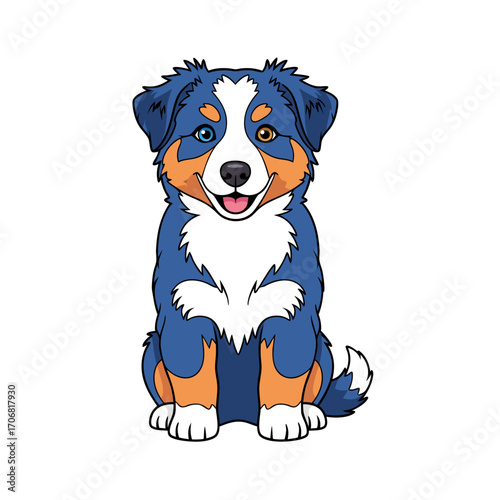 A colorful blue merle australian shepherd dog vector illustration sitting on a white background with a happy expression and distinctive markings on its fur. The dog vector
