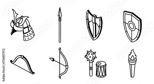Collection of Ancient Weaponry Helm, Spear, Shield, Bow, Mace, and Torch