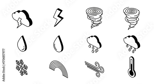 Weather Icons Set Black and White Illustrations of Clouds, Lightning, Tornadoes, Rain, and More - Isolated