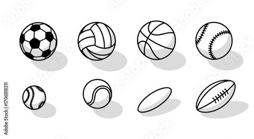 A set of eight black and white sports ball icons including soccer, basketball, volleyball, baseball, tennis, and American football