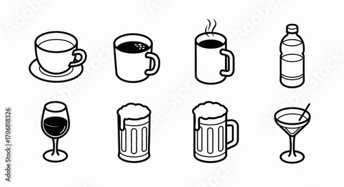 Collection of Black and White Beverage Icons Coffee, Wine, Beer, Water, and Cocktails for Design