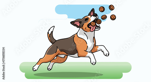 A playful dog vector illustration of a brown and white dog jumping in the air to catch three floating dog treats on a sunny day with a blue sky and green grass. The dog is
