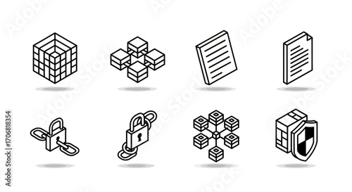 Isometric Data Security Icons Blockchain, Encryption, and Network Protection