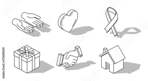Set of Hand-Drawn Icons Representing Giving, Charity, Support, and Helping Others on a White Backdrop