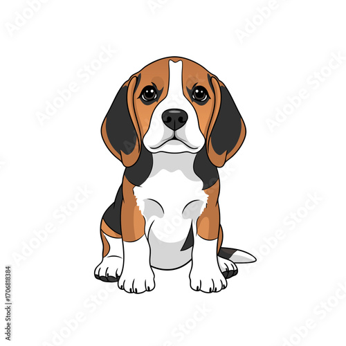 A cute beagle dog vector illustration with brown and white fur sitting on a plain background with a sweet expression. The dog has distinctive floppy ears and a white stripe on its