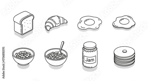 Breakfast Food Icons Bread, Eggs, Cereal, and More
