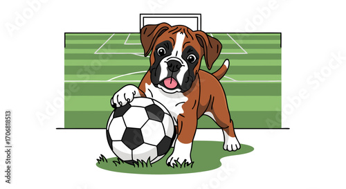 A playful brown and white boxer dog vector illustration holding a soccer ball on a green field with a goalpost in the background, exuding a fun and energetic atmosphere.