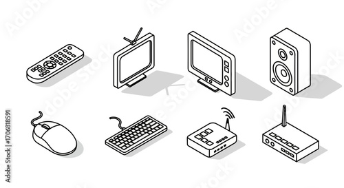 Retro Tech Isometric Icons Television, Computer, and Audio