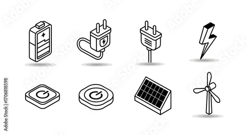 Set of isometric line art icons for electricity and renewable energy, featuring battery, plug, solar, and wind power symbols