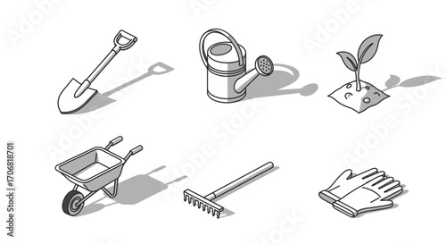 Monochrome isometric vector icons a set of six essential gardening tools and planting elements for cultivation and horticulture