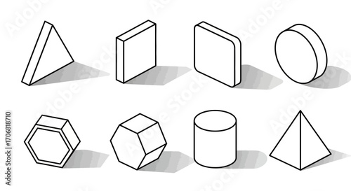 A collection of simple three-dimensional geometric forms and solid shapes in a clean black and white isometric line art style