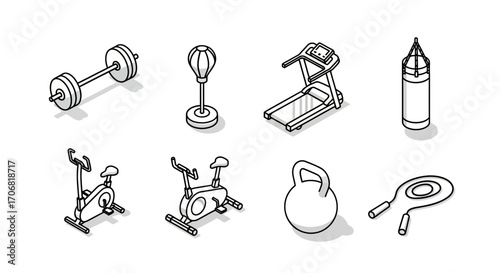 Isometric illustration set of fitness and gym equipment icons barbell, punching bag, treadmill, dumbbell, etc