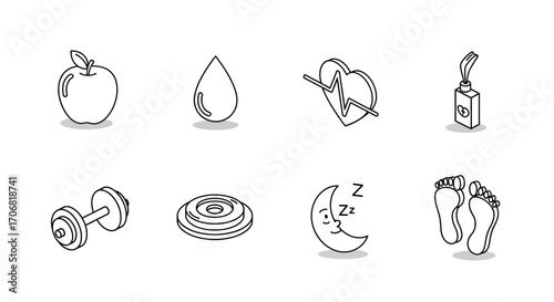 A set of eight black and white health and wellness icons in a clean monoline isometric style