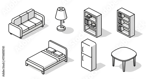 A set of seven black and white isometric furniture icons for interior design in a clean outline style